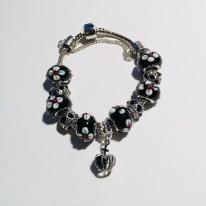 Black and white ceramic and silver bead bracelet